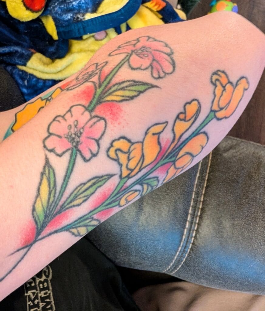 A tattoo of Pigsqueak and Snapdragons in an illustrative style.